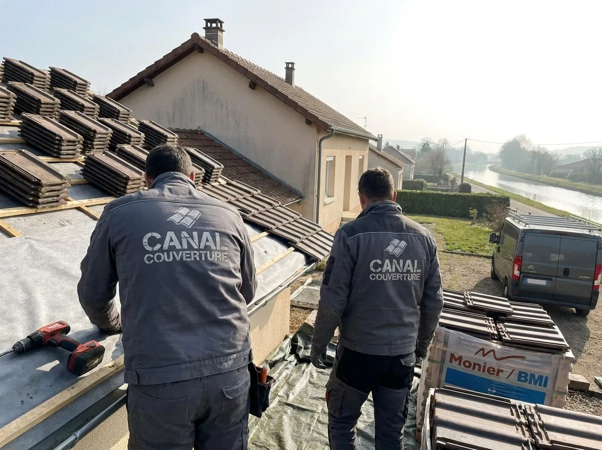 Deux couvreurs de Canal Couverture posent des tuiles mécaniques sur une maison de Dombasle-sur-Meurthe, le canal de la Marne au Rhin en contrebas