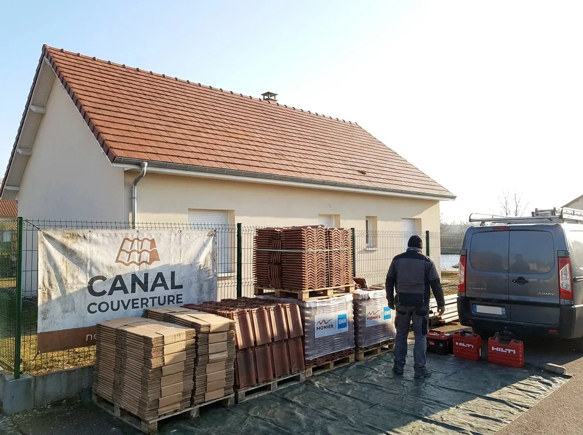Toiture neuve en tuiles mécaniques sur une maison de Dombasle-sur-Meurthe, bâche Canal Couverture et palettes de tuiles devant la clôture